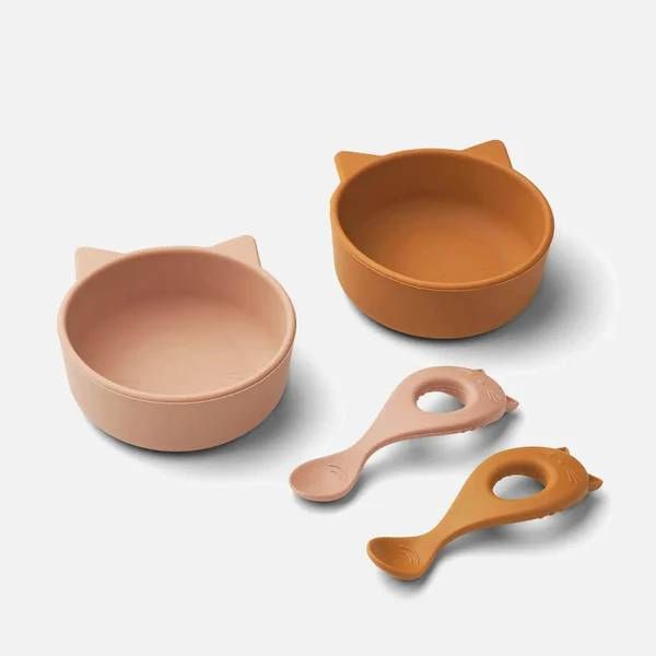 Обіній набір силіконового посуду LIEWOOD Cat Evan Mustard/Rose Mix